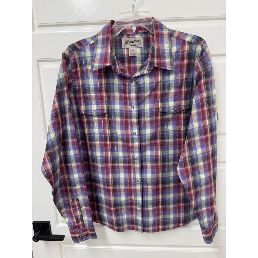 Wrangler Women XXL Plaid Snap Button Western Blouse Silver Metallic LWR4119